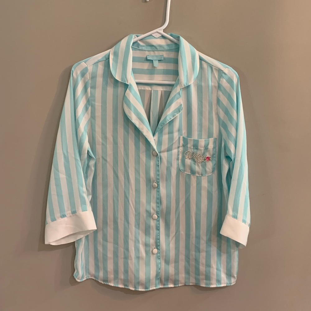 Betsey Johnson Blue White Stripe "Wifey" 2 Pc Pajama Set SIZE Small